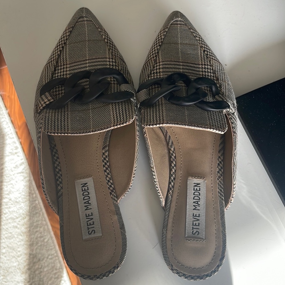 Steve Madden Fleur Pointed Toe Mule Black Plaid Size 6.5